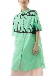 French Green Peter Pan Collar Print Cotton Long Shirts Summer