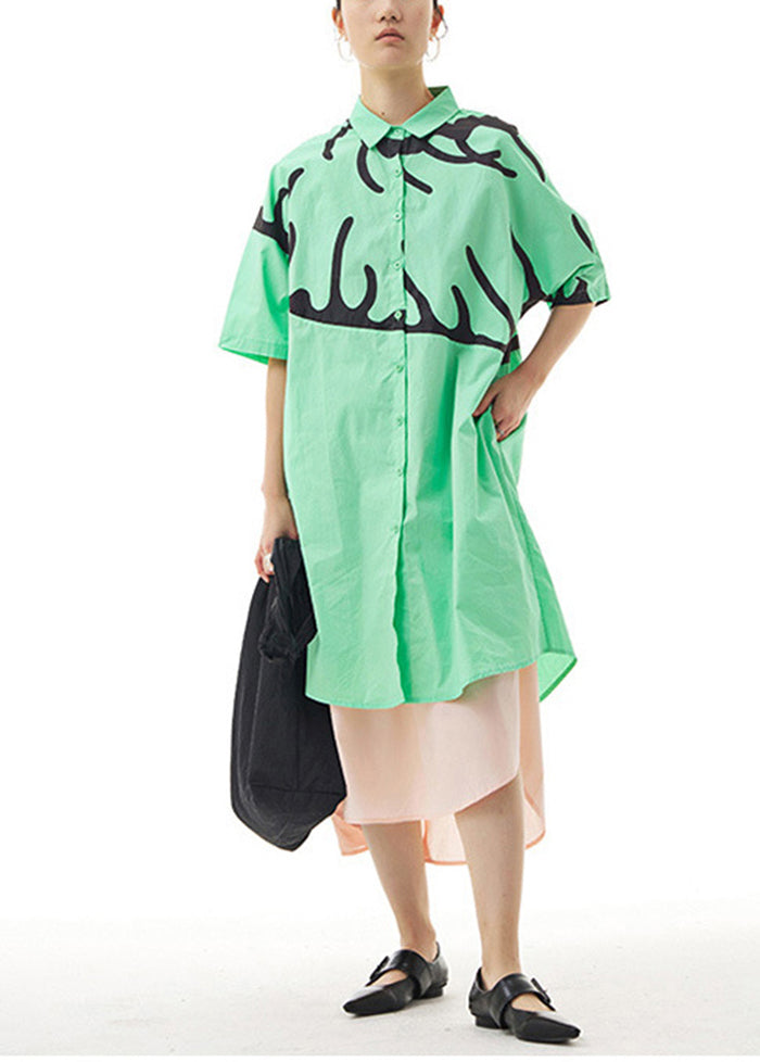 French Green Peter Pan Collar Print Cotton Long Shirts Summer