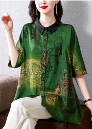 French Green Peter Pan Collar Print Silk Shirts Summer