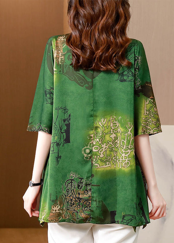 French Green Peter Pan Collar Print Silk Shirts Summer