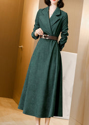 French Green Peter Pan Collar Tie Waist Patchwork Corduroy Long Dresses Fall