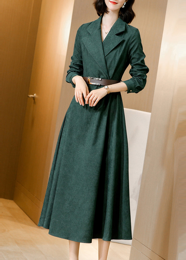 French Green Peter Pan Collar Tie Waist Patchwork Corduroy Long Dresses Fall