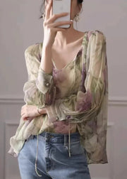 French Green Print Lace Up Chiffon Blouse Long Sleeve