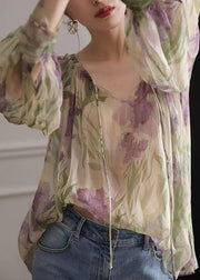 French Green Print Lace Up Chiffon Blouse Long Sleeve