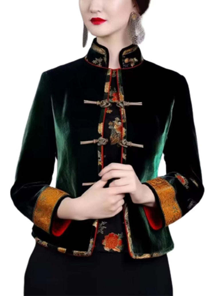 French Green Print Patchwork Warm Fleece Tops Long Sleeve