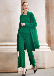 French Green Print Woolen Coats Vest And Straight Pants Three Piece Set Outfits Fall