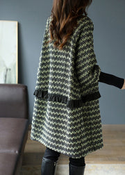 French Green Ruffled Plaid Fine Cotton Filled Woolen Coat Spring