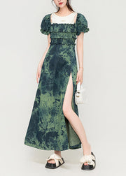 French Green Ruffled Side Open Patchwork Denim Slim Fit Dress Summer