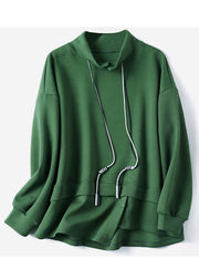 French Green Stand Collar Drawstring Patchwork Cotton Loose Sweatshirt Winter