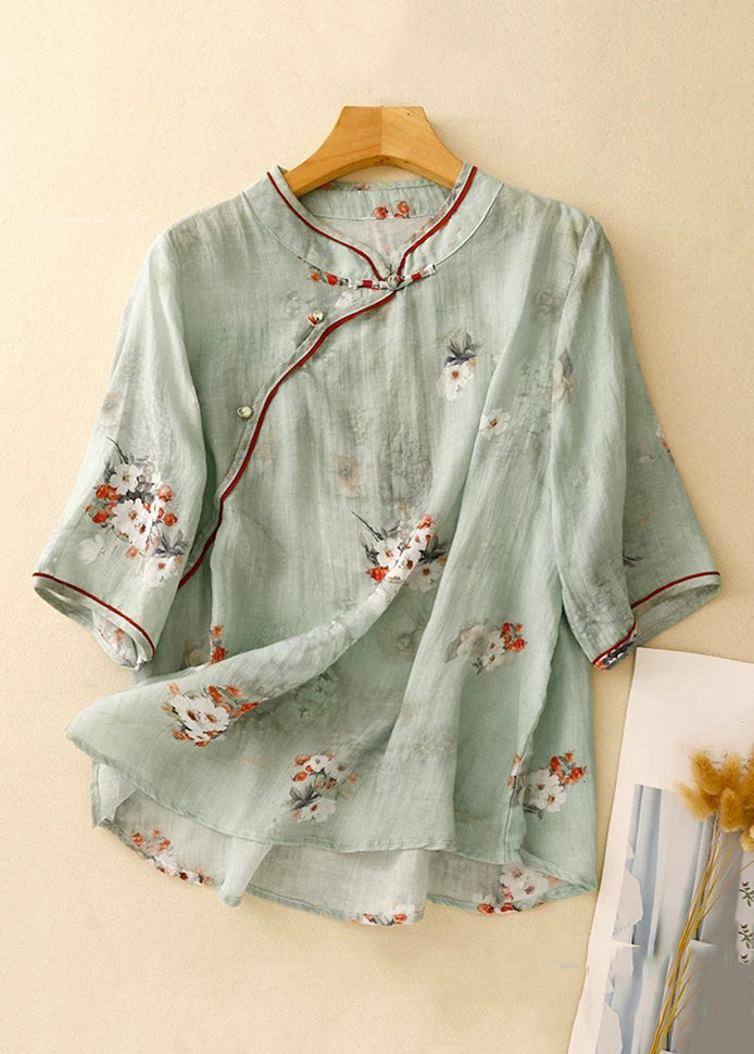 French Green Stand Collar Print Linen Blouses Half Sleeve