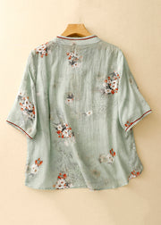 French Green Stand Collar Print Linen Blouses Half Sleeve