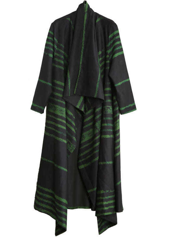 French Green Striped Asymmetrical Design Cotton Loose Cardigan Fall