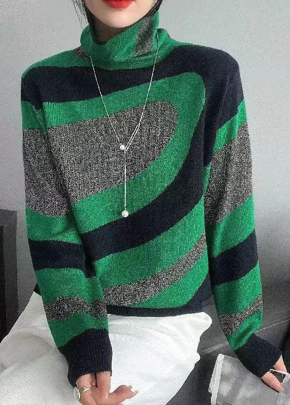 French Green Turtleneck Patchwork Cozy Wool Knit Top Fall