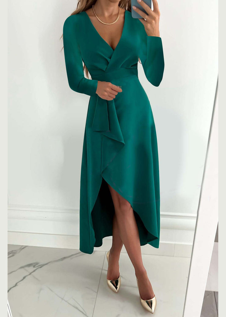 French Green V Neck Asymmetrical Design Side Open Dress Fall