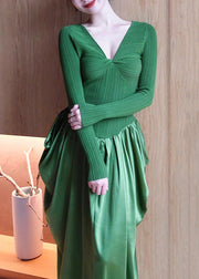 French Green V Neck High Waist Patchwork Knit Dresses Long Sleeve