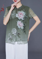 French Green V Neck Patchwork Print Chiffon Shirt Top Summer