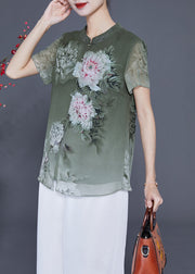 French Green V Neck Patchwork Print Chiffon Shirt Top Summer