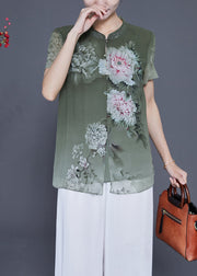 French Green V Neck Patchwork Print Chiffon Shirt Top Summer