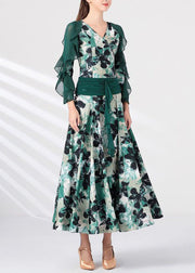 French Green V Neck Print Chiffon Patchwork Long Dress Spring