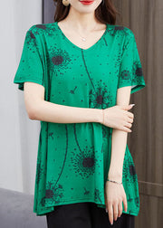 French Green V Neck Print Patchwork Cotton T Shirt Top Summer