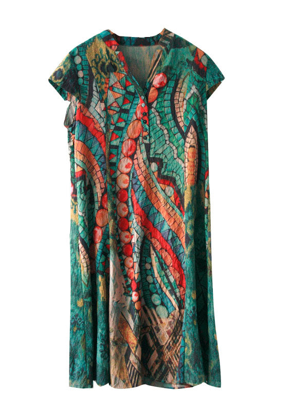 French Green V Neck Print Patchwork Silk Dress Summer