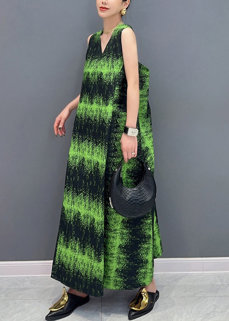 French Green V Neck Print Pockets Cotton Long Dress Sleeveless