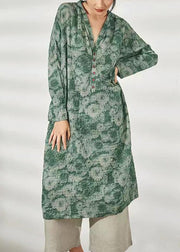 French Green V Neck Print Pockets Cotton Long Dress Spring