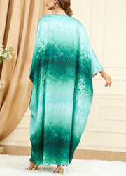 French Green V Neck Print Silk Maxi Dresses Batwing Sleeve