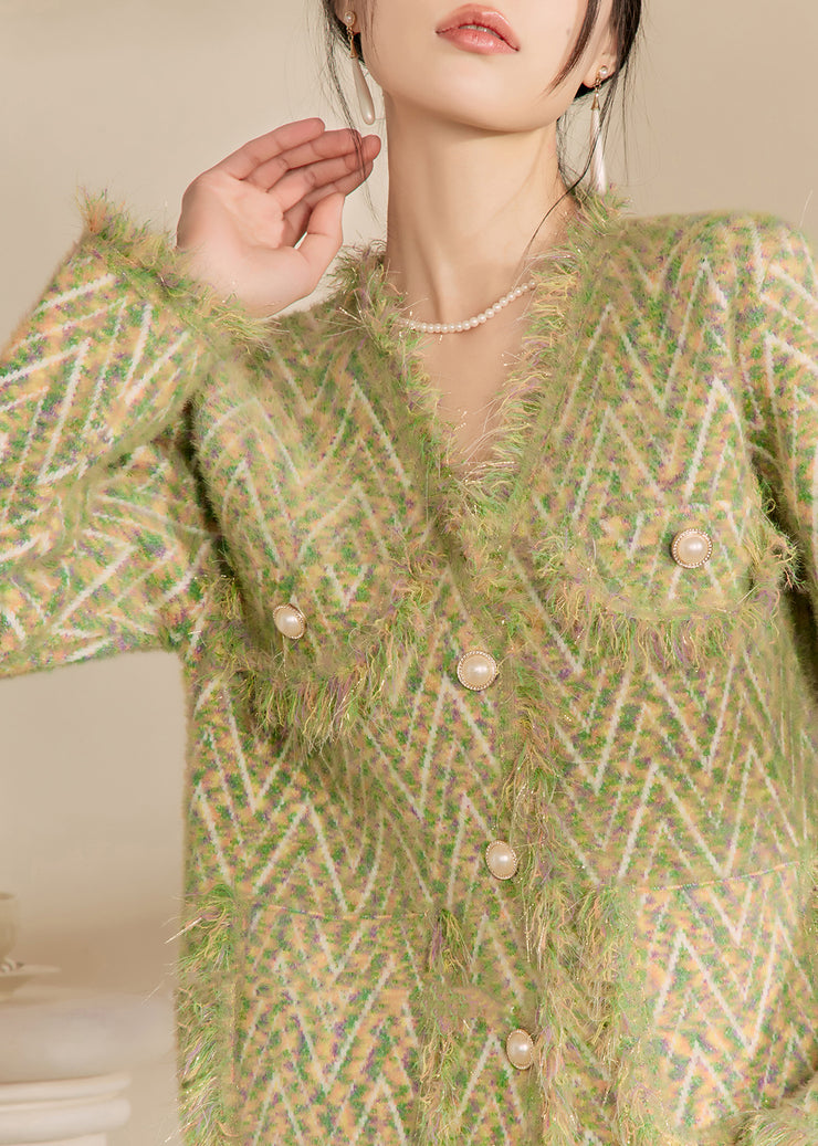 French Green V Neck Print Tassel Button Cotton Knit Cardigans Winter