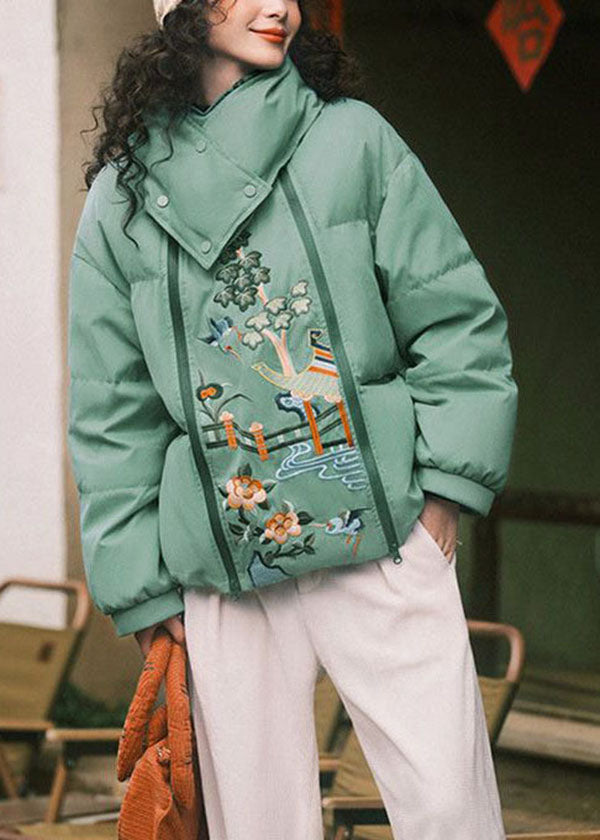 French Green Zippered Embroideried Fine Cotton Filled Parkas And Scarf Two Pieces Set Winter