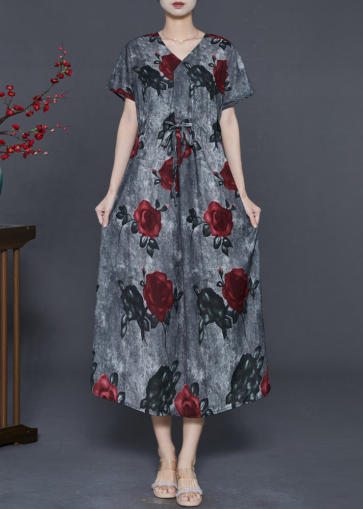 French Grey Cinched Floral Cotton Long Dress Summer