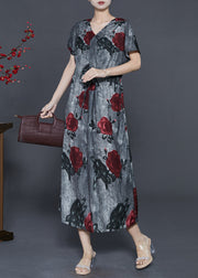 French Grey Cinched Floral Cotton Long Dress Summer