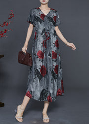 French Grey Cinched Floral Cotton Long Dress Summer