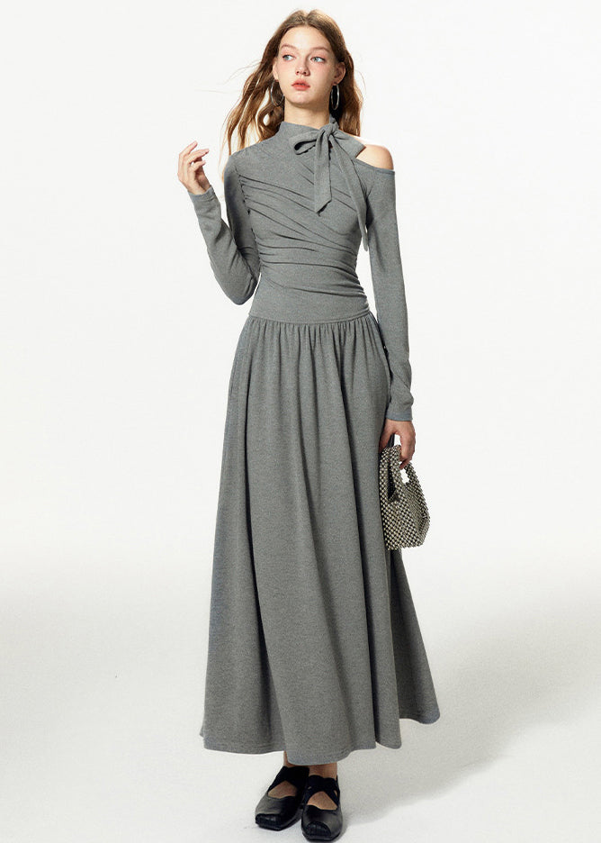 French Grey Cold Shoulder Bow Cotton Long Dress Fall