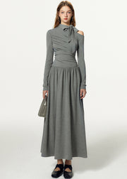 French Grey Cold Shoulder Bow Cotton Long Dress Fall