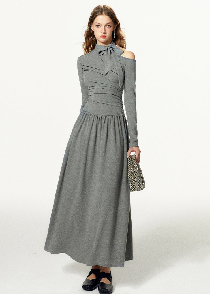 French Grey Cold Shoulder Bow Cotton Long Dress Fall