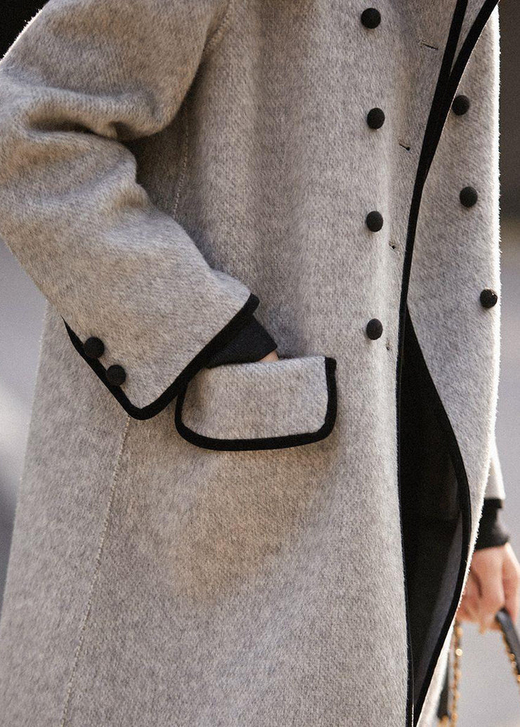 French Grey Double Breast Patchwork Woolen Trench Fall