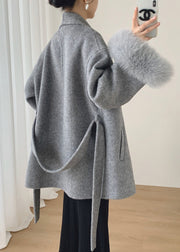 French Grey Fluffy Tie Waist Pockets Patchwork Wool Coat Winter