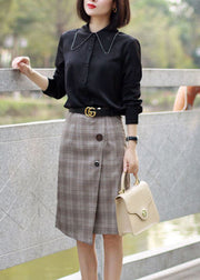 French Grey High Waist Asymmetrical Plaid Cotton Skirts Fall