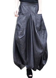 French Grey High Waist Wrinkled Asymmetrical Pockets Silk Skirts Fall