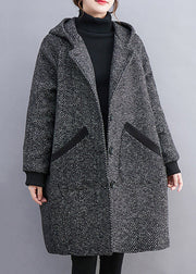 French Grey Hooded Button Pockets Thick Woolen Coats Winter