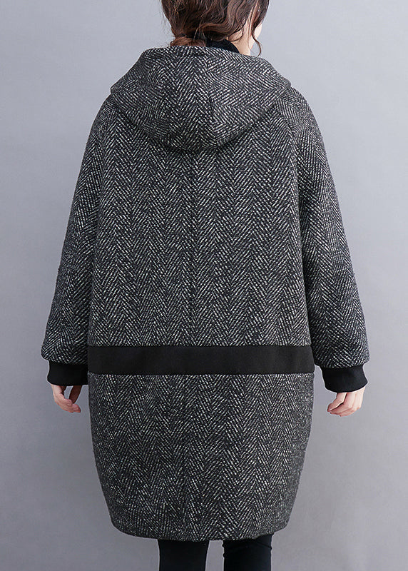 French Grey Hooded Button Pockets Thick Woolen Coats Winter