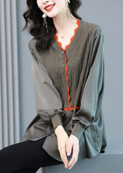 French Grey Knit Patchwork Chiffon Blouse Top Spring