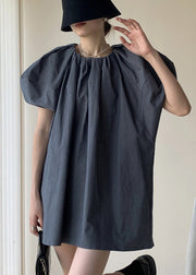 French Grey O Neck Wrinkled Patchwork Cotton Dress Puff Sleeve