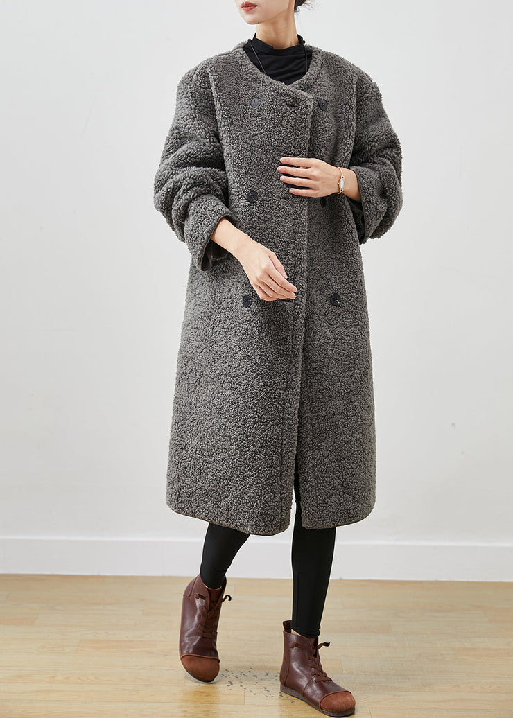 French Grey Oversized Double Breast Faux Fur Fleece Coat Spring