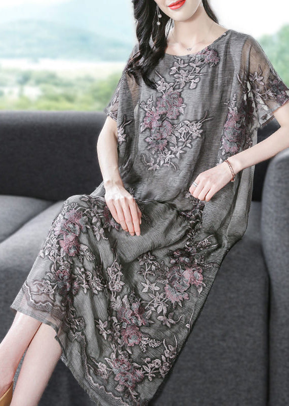 French Grey Oversized Embroideried Silk Dress Summer