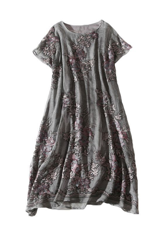 French Grey Oversized Embroideried Silk Dress Summer