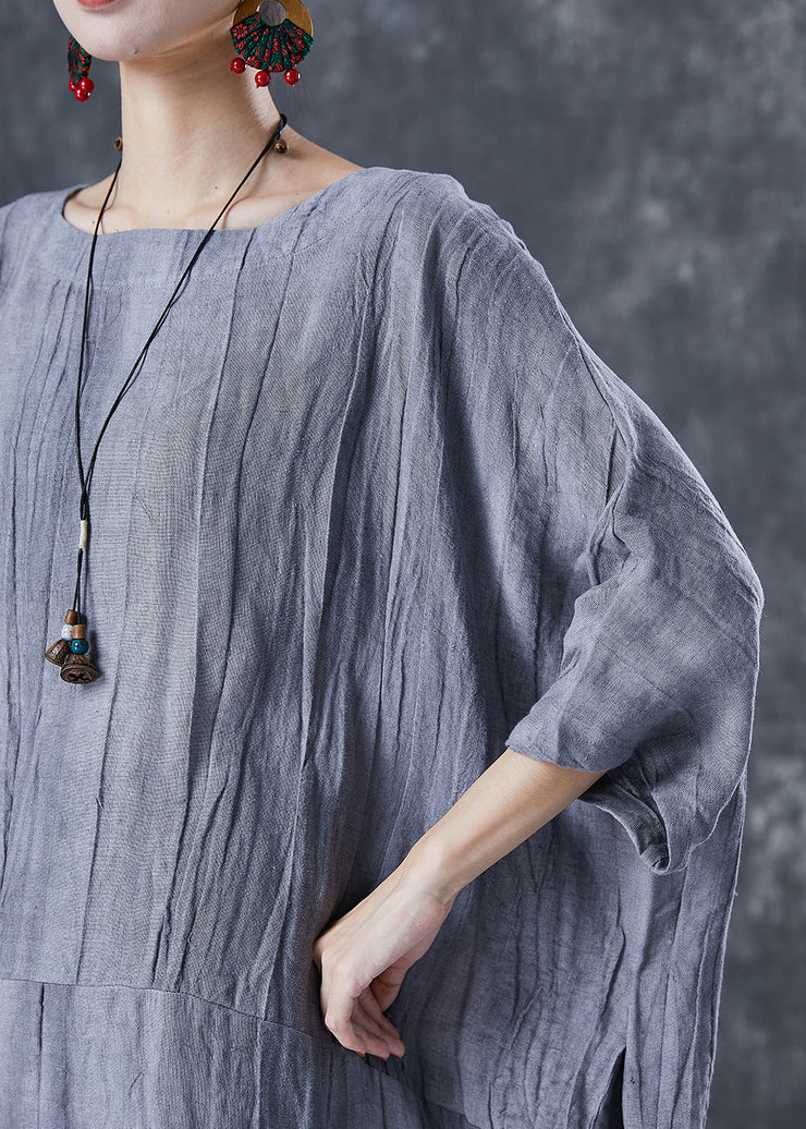 French Grey Oversized Patchwork Linen Dresses Batwing Sleeve