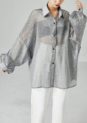 French Grey Oversized Print Silk Shirt Tops Summer