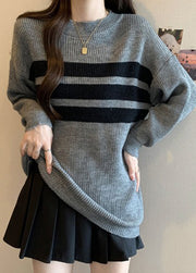 French Grey Oversized Striped Knit Tops Fall